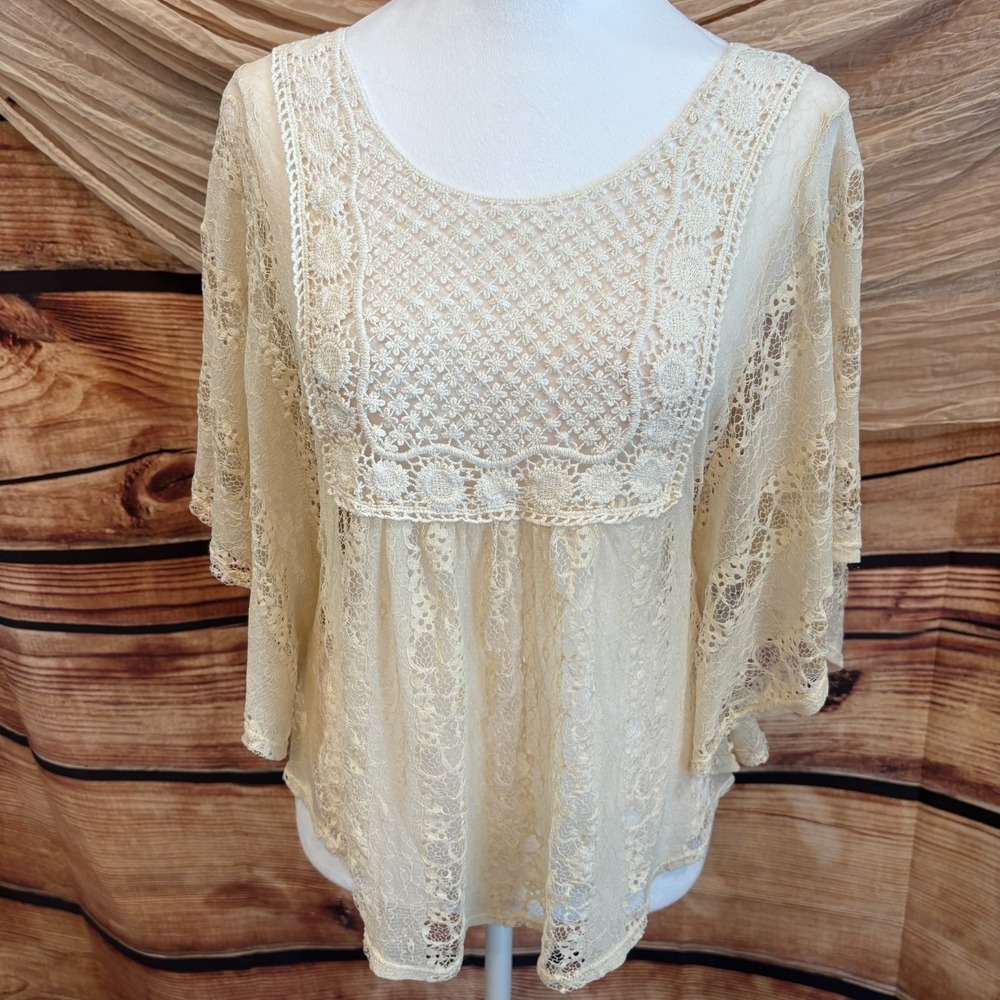 Y2K Poetry Babydoll Cream Lace Top Boho Festival Fairy Cottagecore‎ Teen Sz L